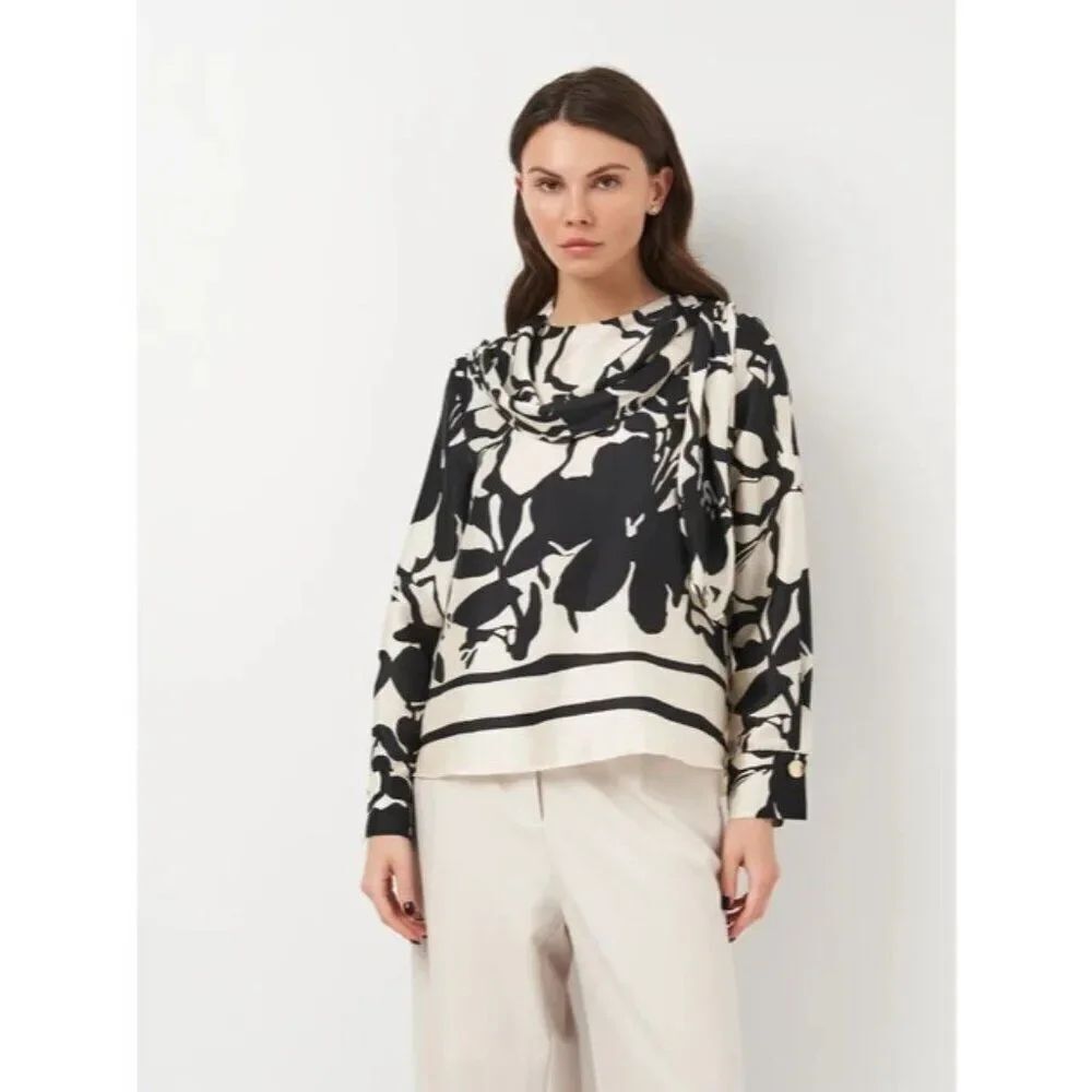 Zara Womens Blouse Medium White Black Floral Drape Neck Long Sleeve 2526/103 NWT